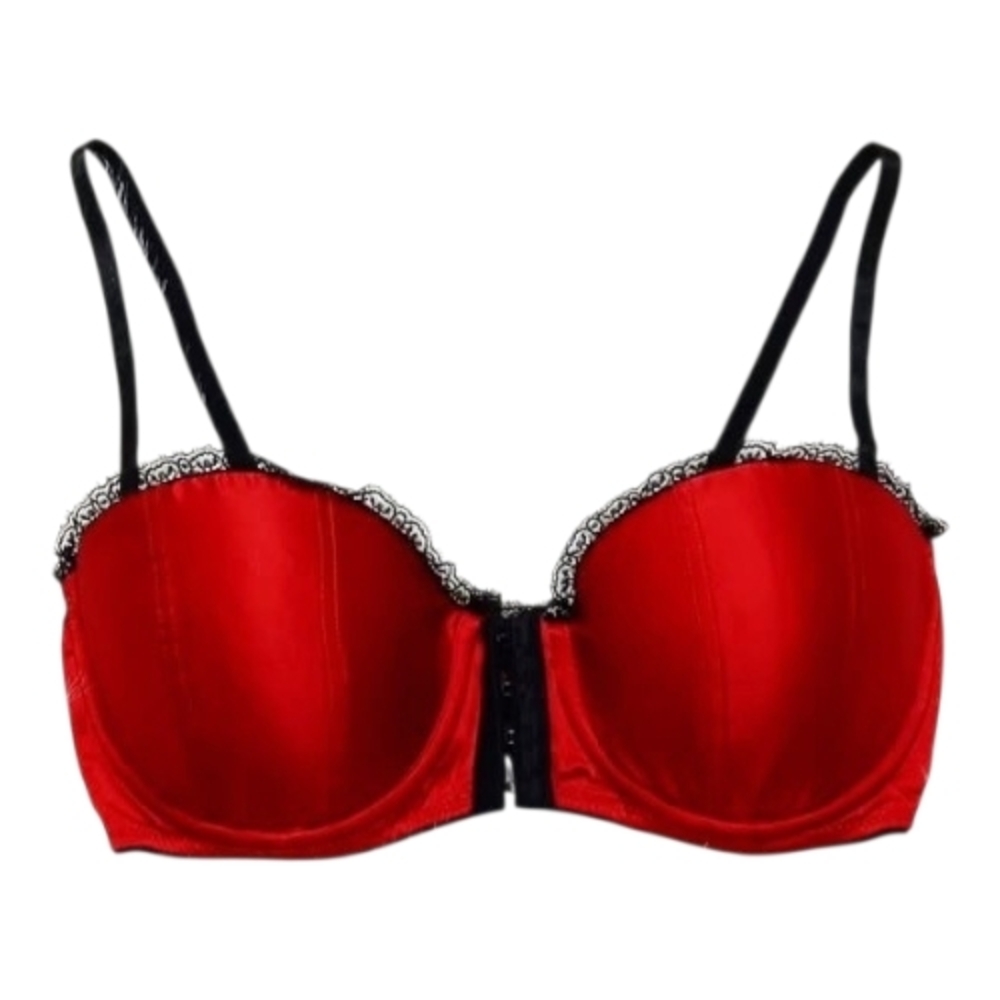💋Blush Red & Black Lace Bra 34D Satin Underwire Push-Up Lingerie Sexy Front 💋 - Picture 3 of 9